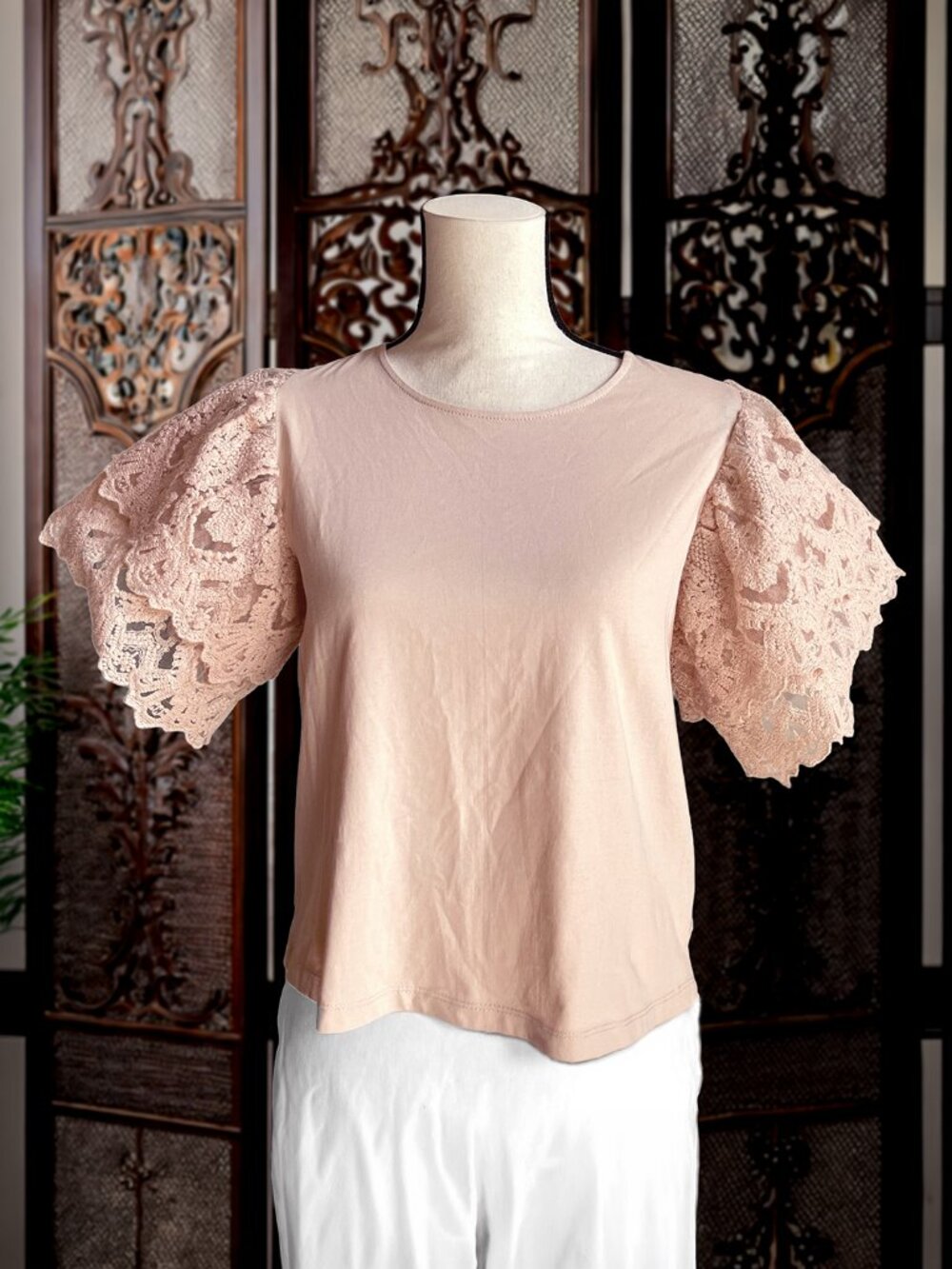ANTHROPOLOGIE Forever That Girl Pink Lace Ruffle Puff Sleeve Cropped Top SP